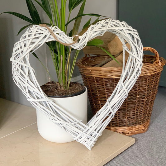 White Rustic Rattan Heart 60cm