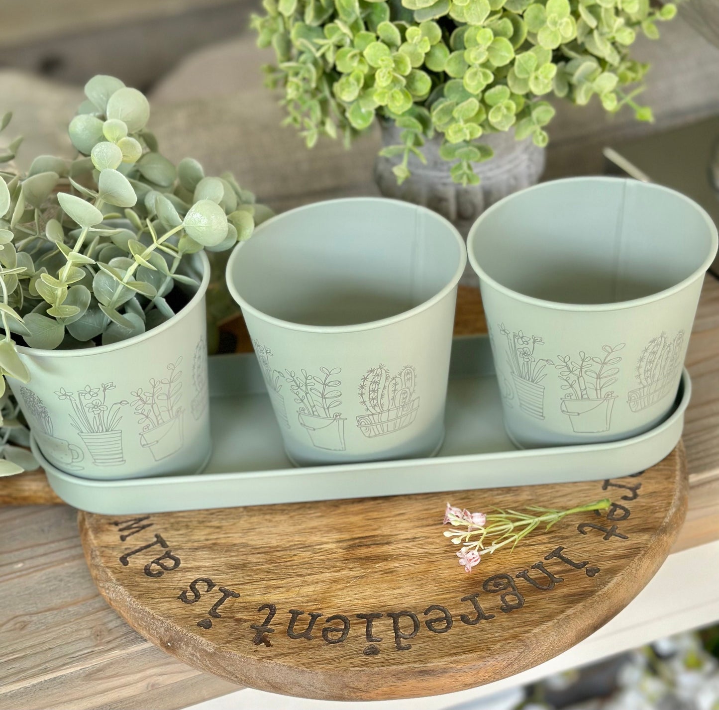 Set of 3 Printed Iron Pots with Tray