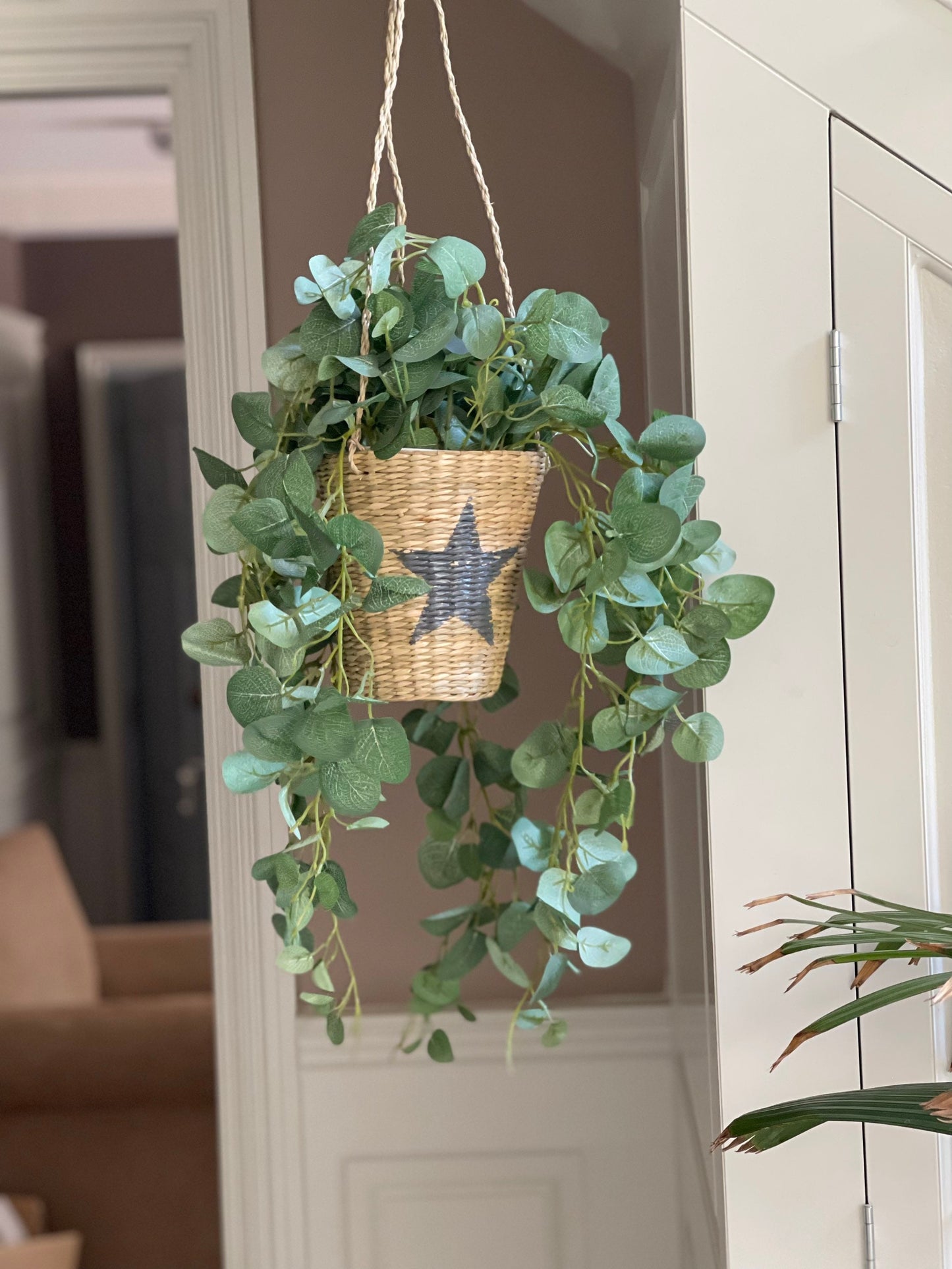 Hanging Seagrass Woven Tall Basket: White or Grey Star Option