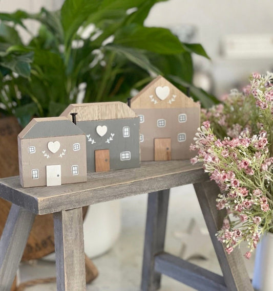 Grey Wooden Heart Houses - Sold Individually or Set of 3