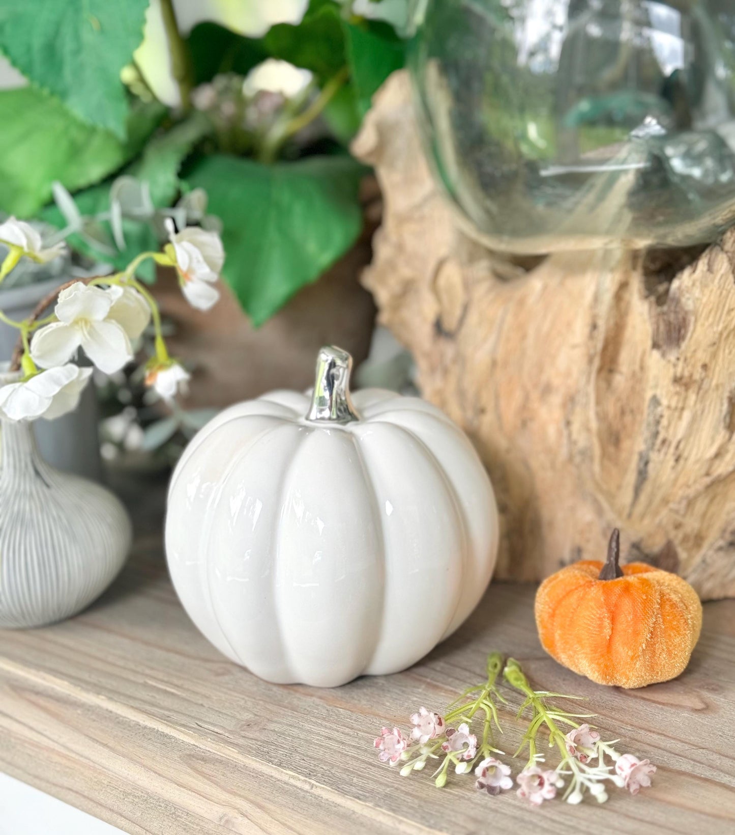 White Glossy Ceramic Pumpkins with Silver Stalk - Choice of 2 Sizes