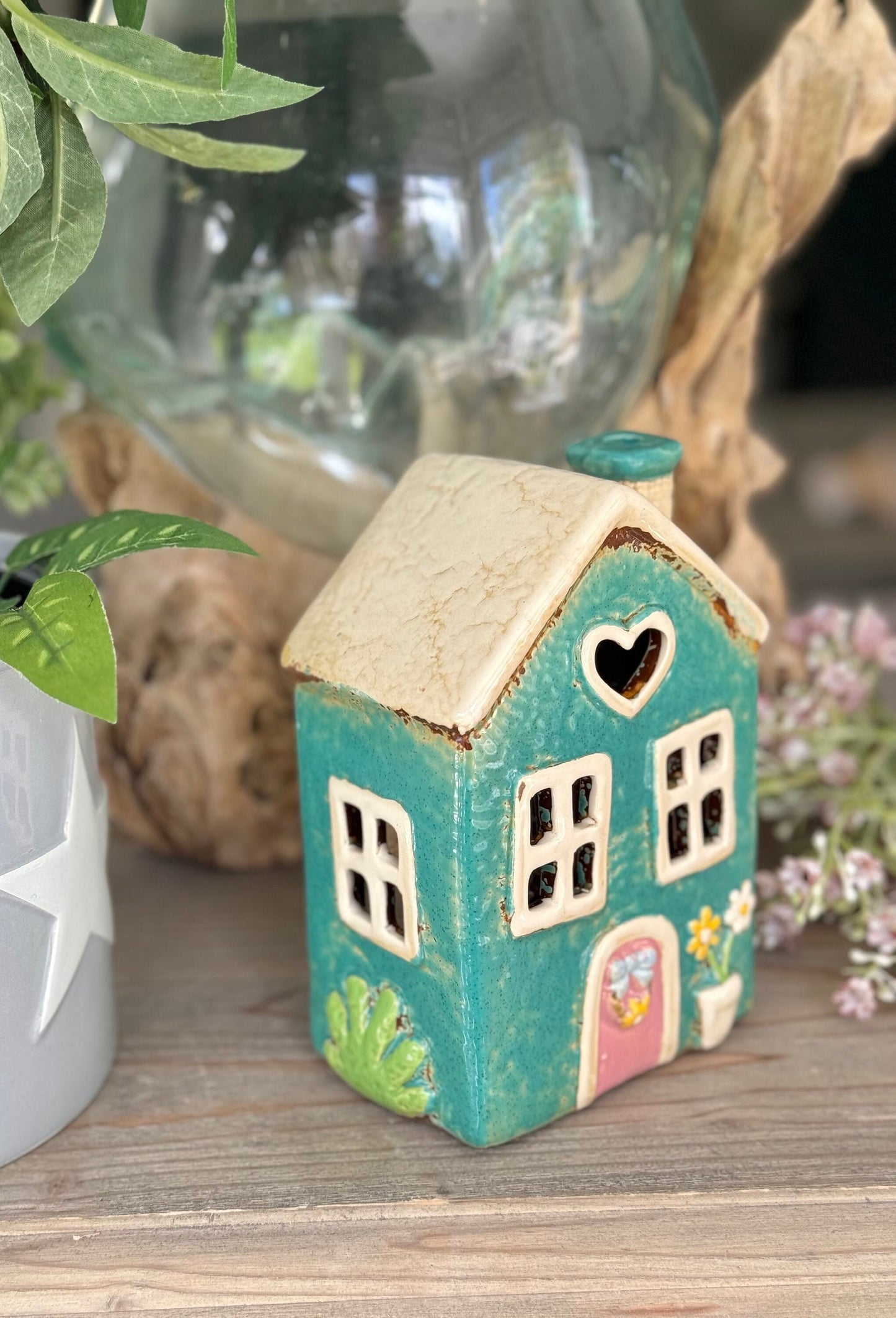 Teal Ceramic Heart Cottage Candle Holder