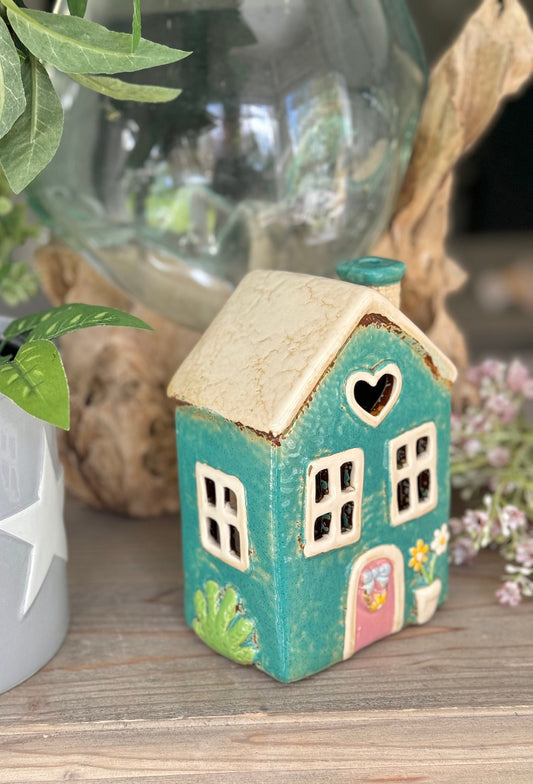 Teal Ceramic Heart Cottage Candle Holder