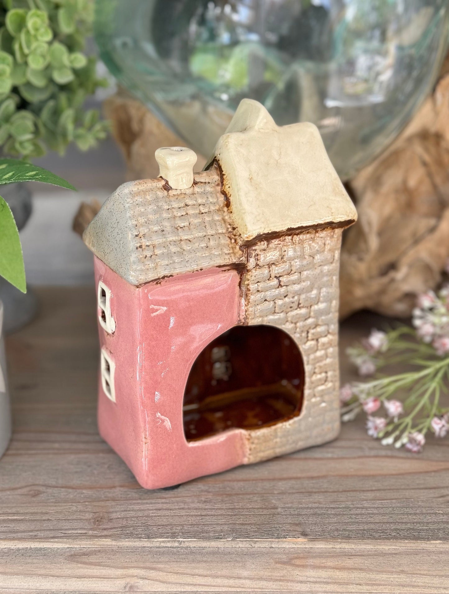 NEW! Pink and Grey Ceramic Double Townhouse Tealight Holder