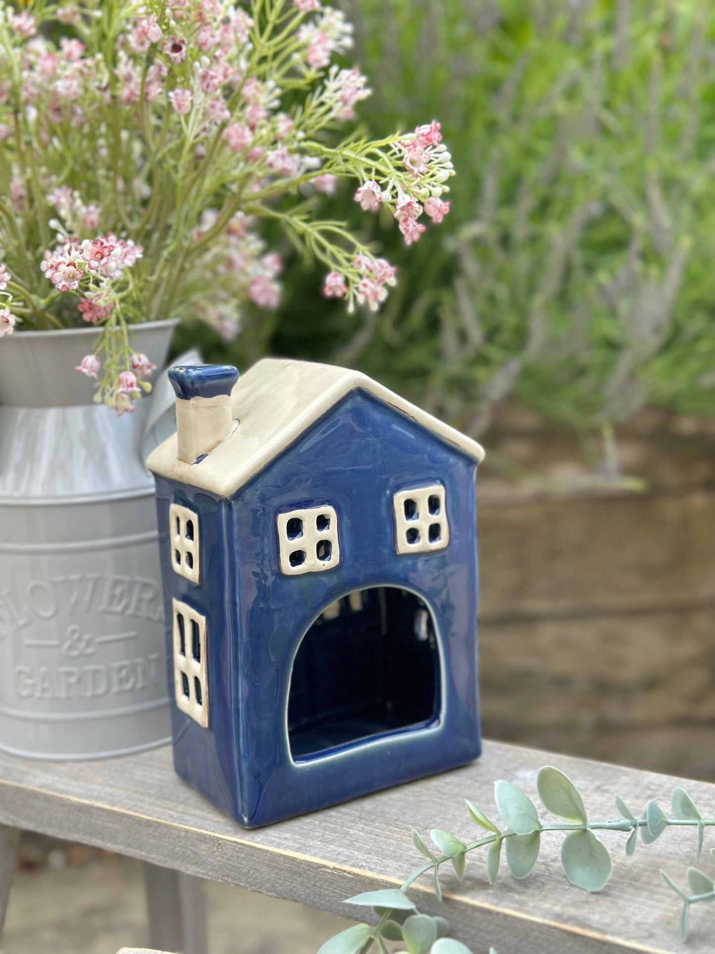 Navy Blue Traditional Village House Candle Holder