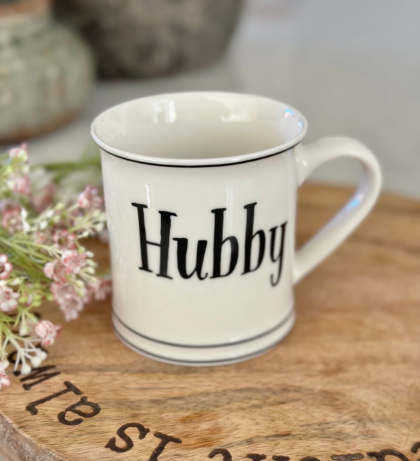 White Hubby and Wifey Porcelain Mugs.