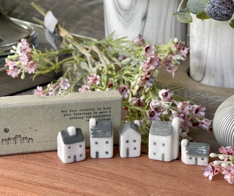 Five Mini White Porcelain Houses in a Box