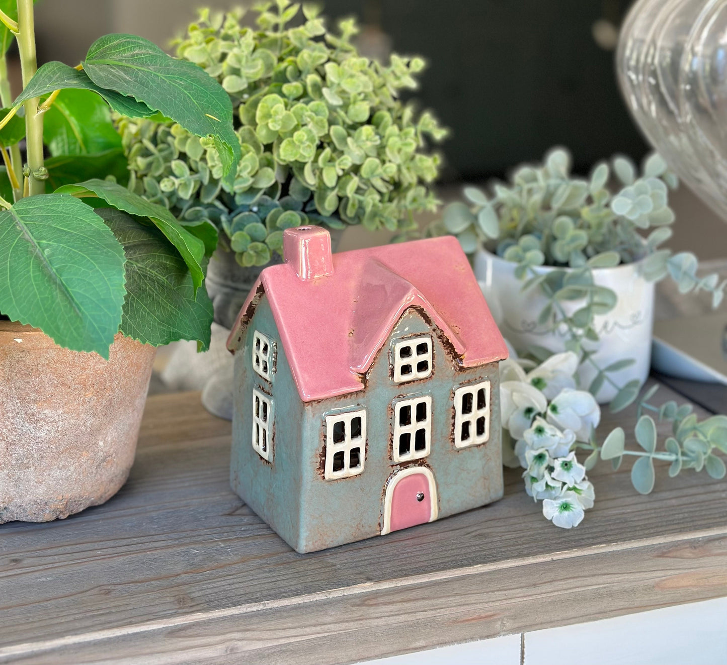 Bright Grey/Pink Village House Tea light