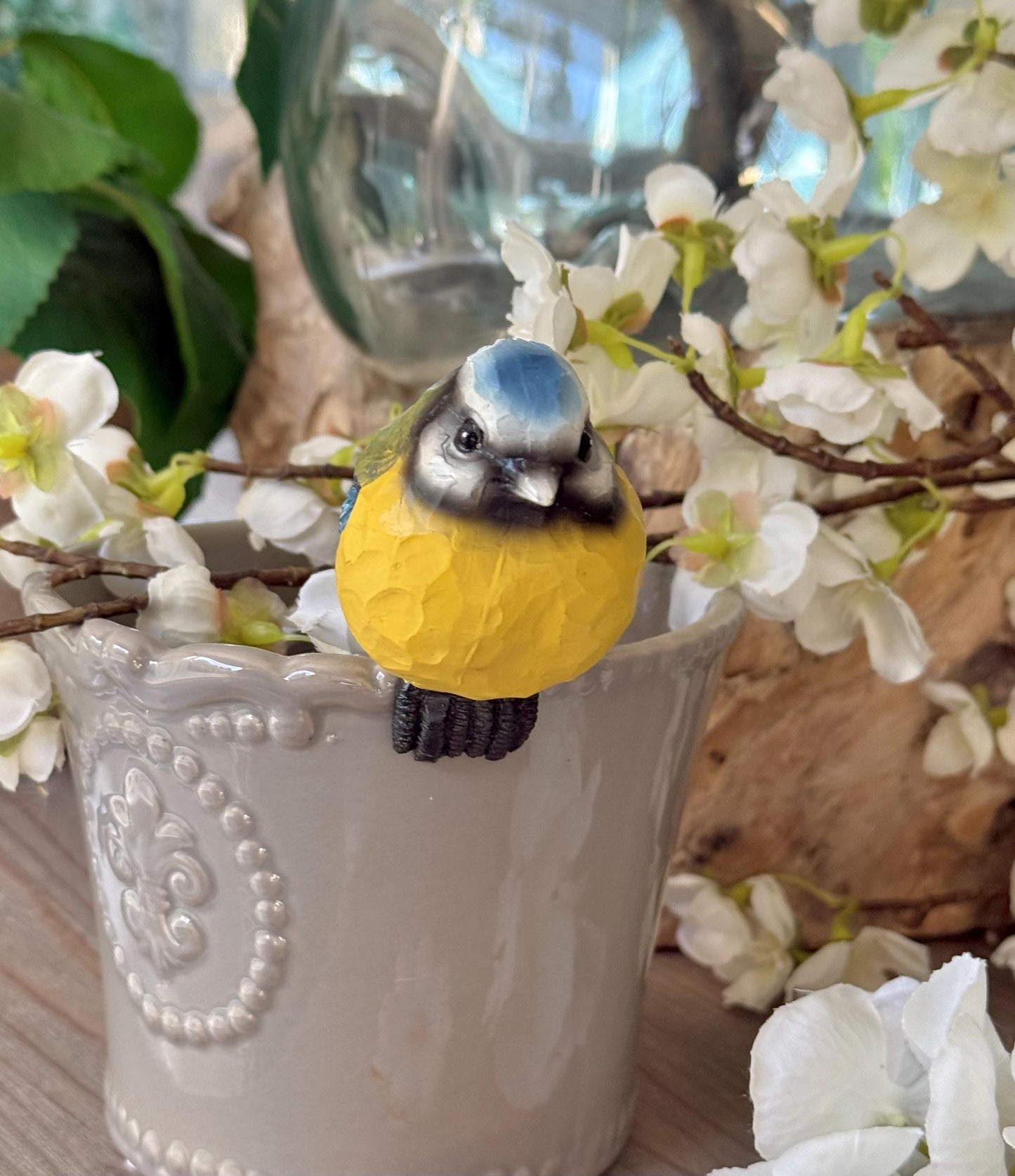 Carved Blue Tit Pot Hanger