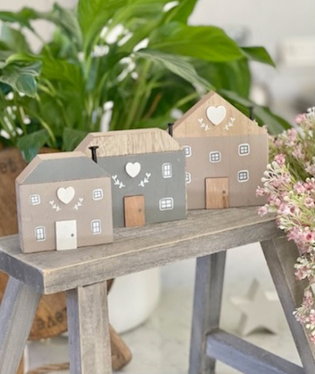 Grey Wooden Heart Houses - Sold Individually or Set of 3