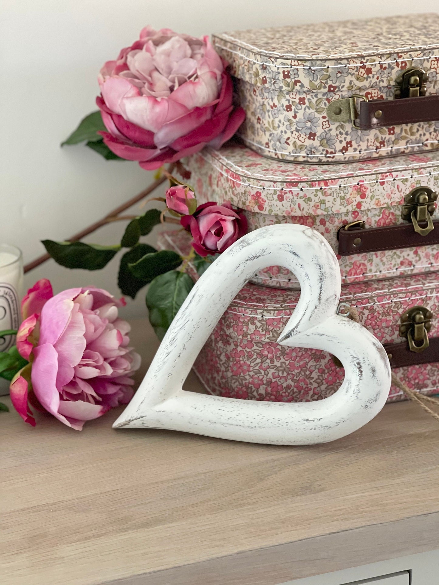 Hand carved distressed white mango wood heart