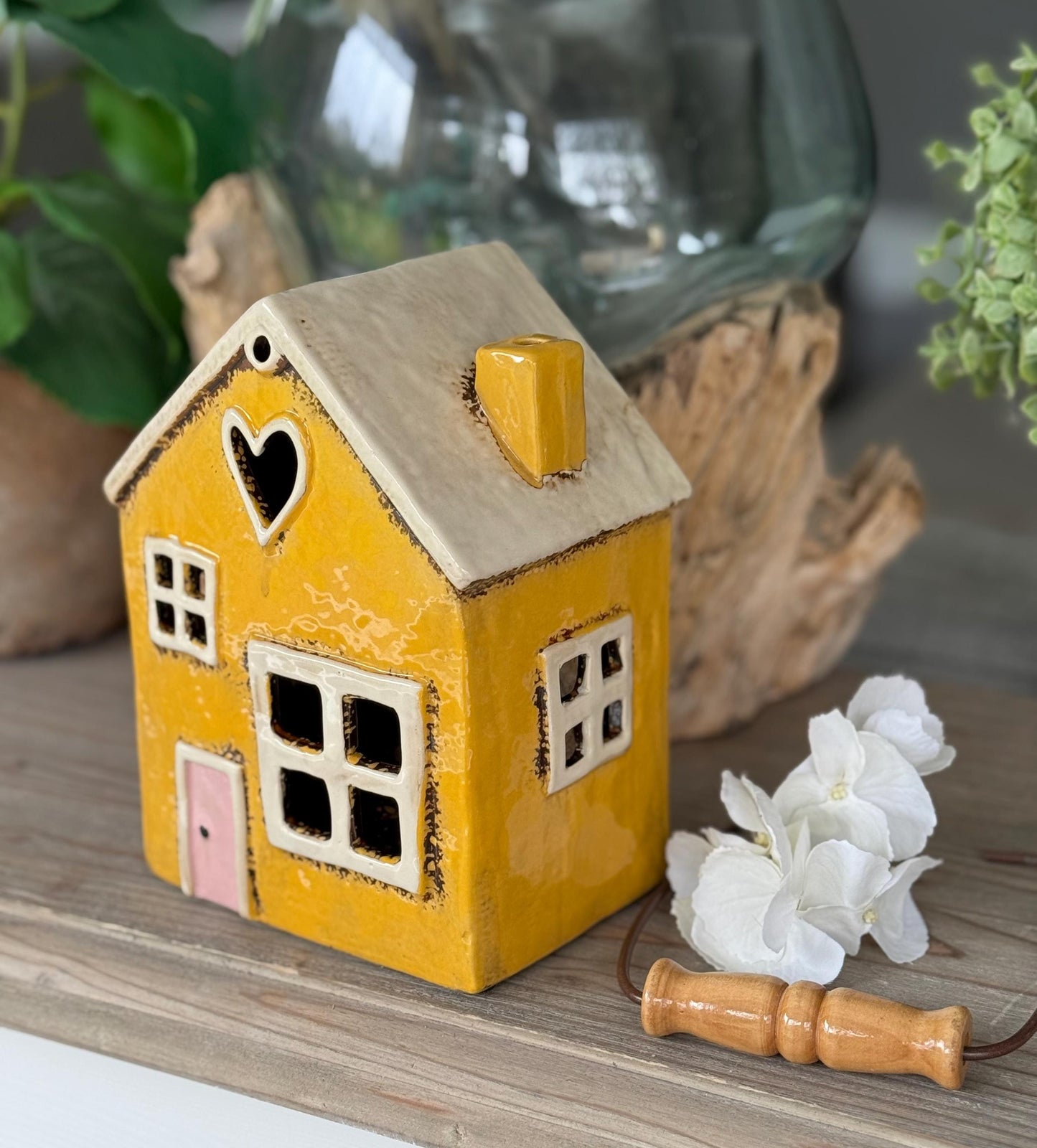 Yellow Ceramic House/Cottage Candle Holder with Handle