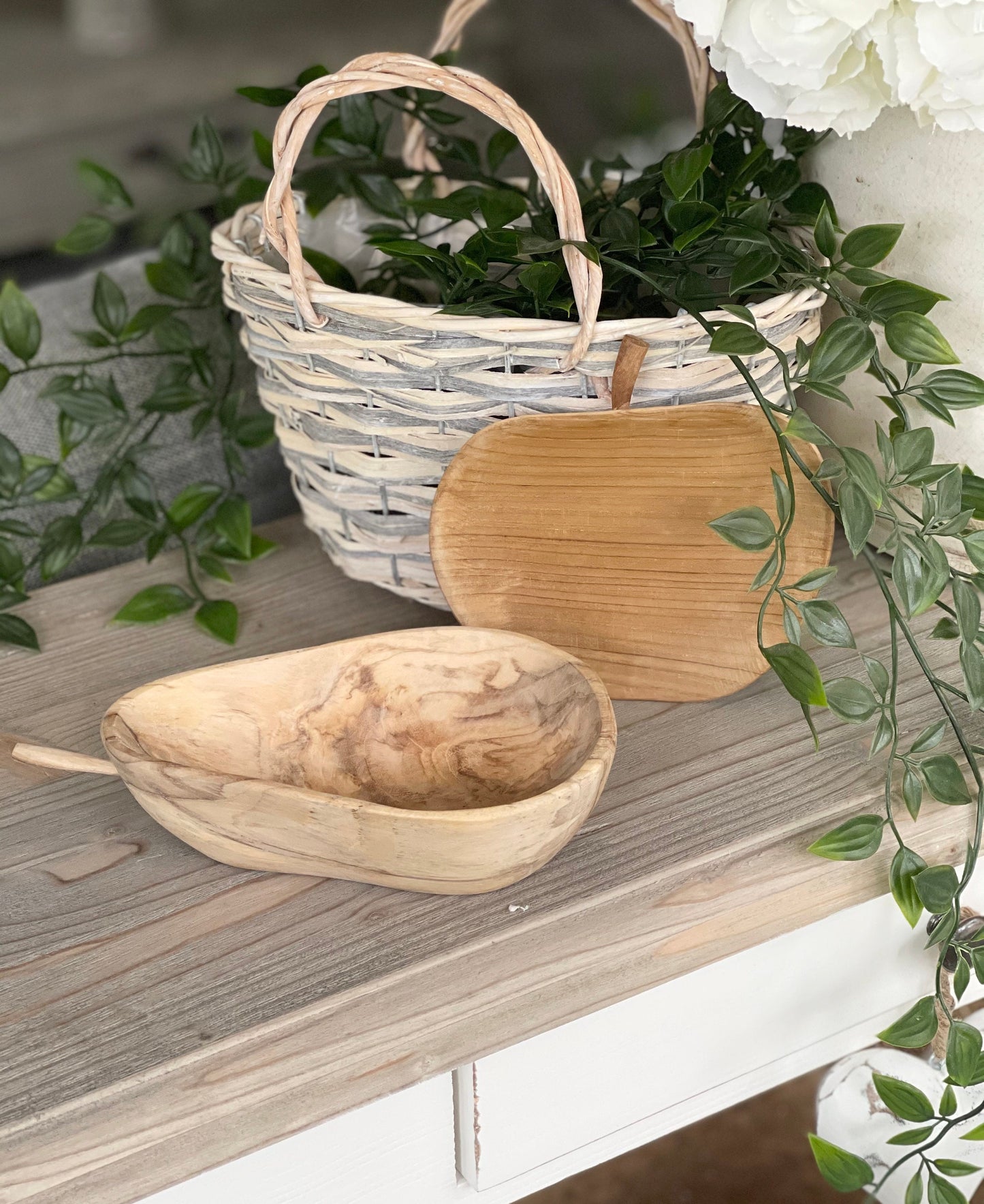 Rustic Wooden Carved Pear Bowl - Natural