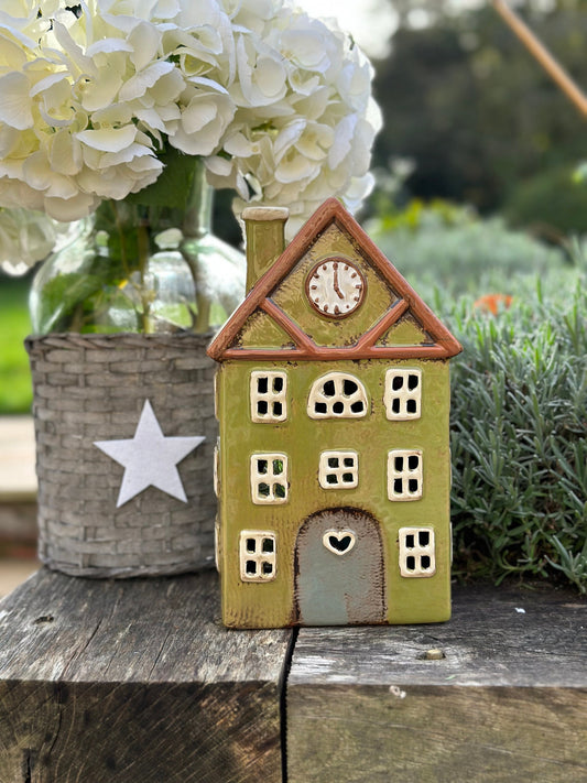 Sage Ceramic House/Cottage Candle Holder - 26cm