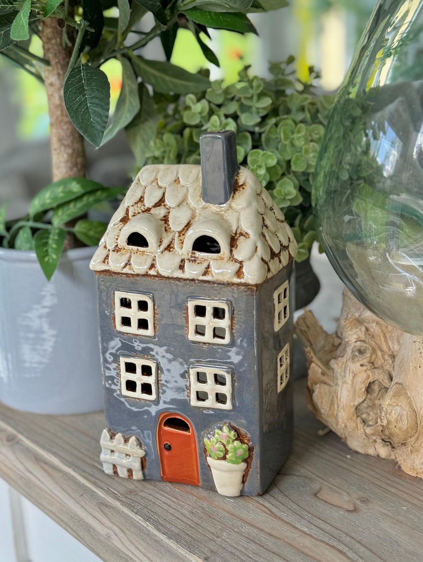 NEW! Navy Garden Ceramic Tealight House