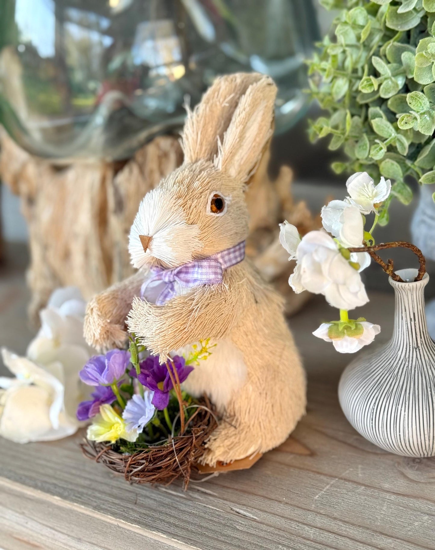 Bristle Bunny with Ribbon and Wicker Basket