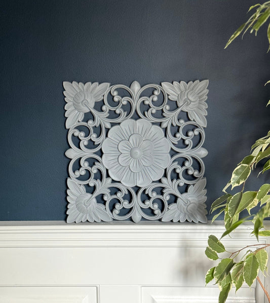 Floral Grey Painted Carved Square