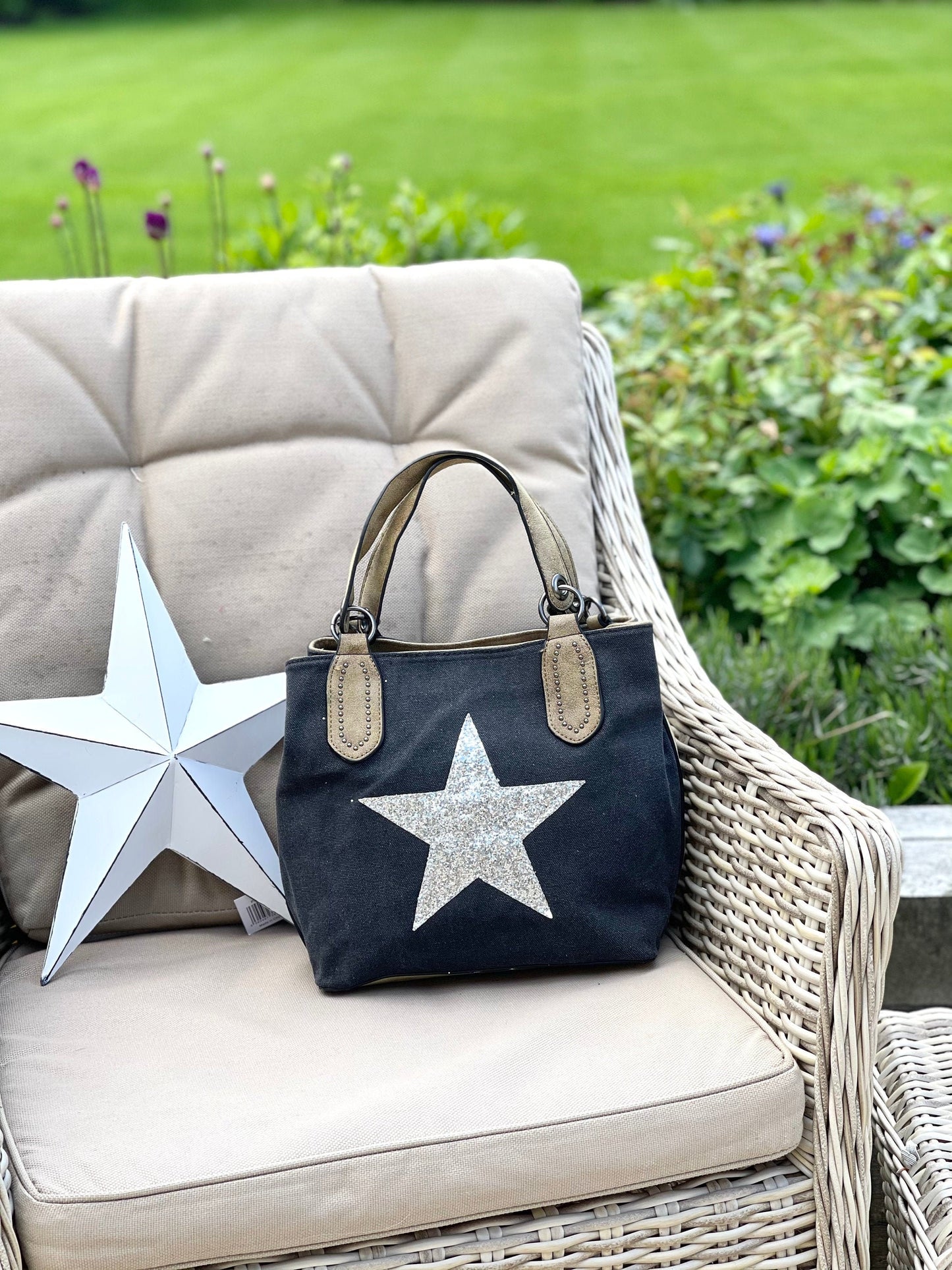 Canvas Sequin Star Handbag - Black