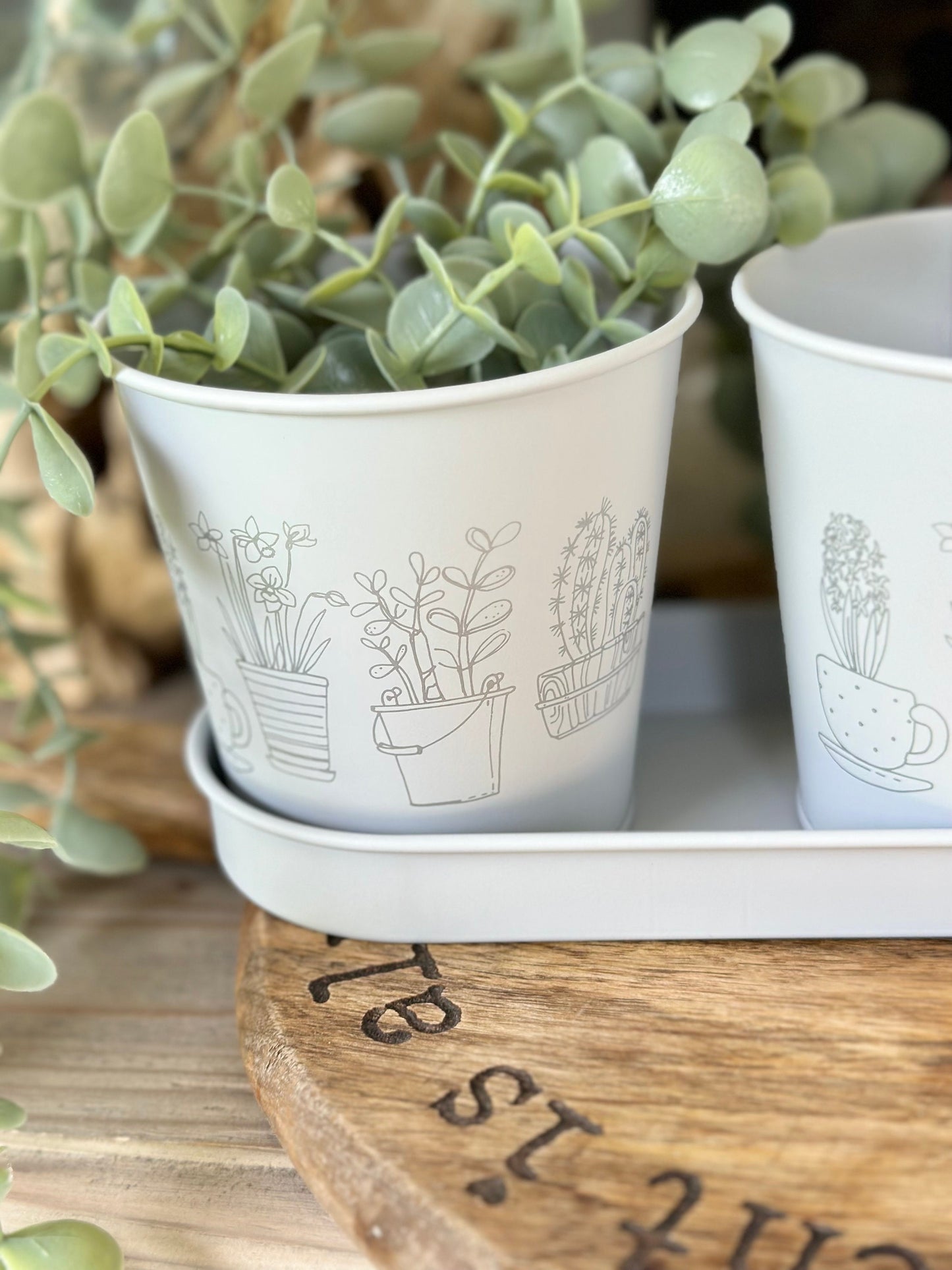 Set of 3 Printed Iron Pots with Tray