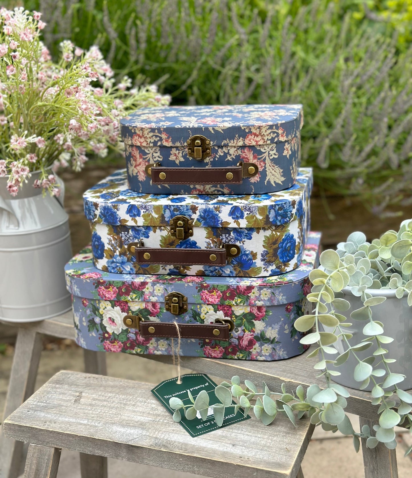 Delphine Blue Vintage Rose Suitcases - Set Of 3