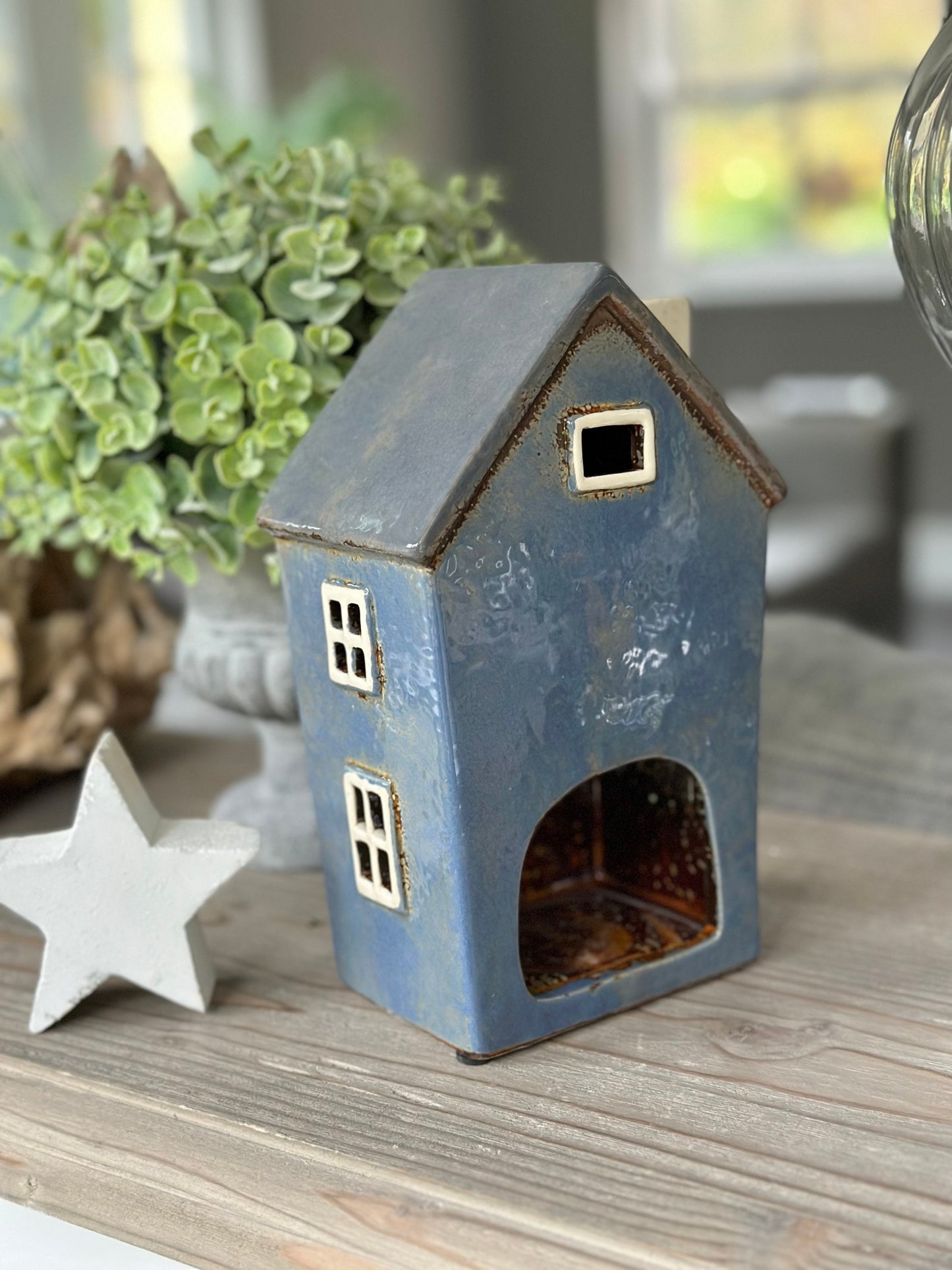 Blue Ceramic House /Cottage Candle Holder