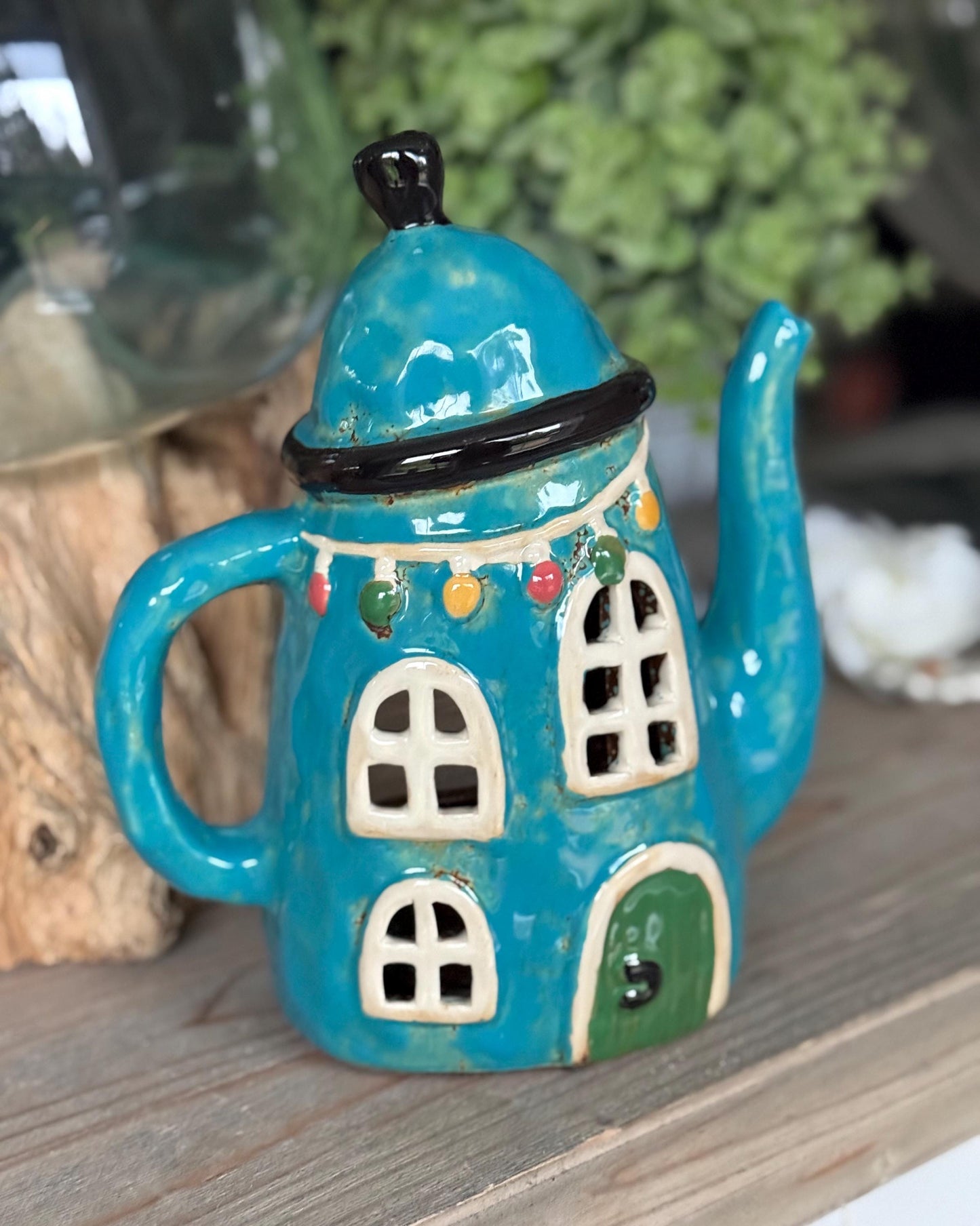 Blue Ceramic Teapot Candle Holder