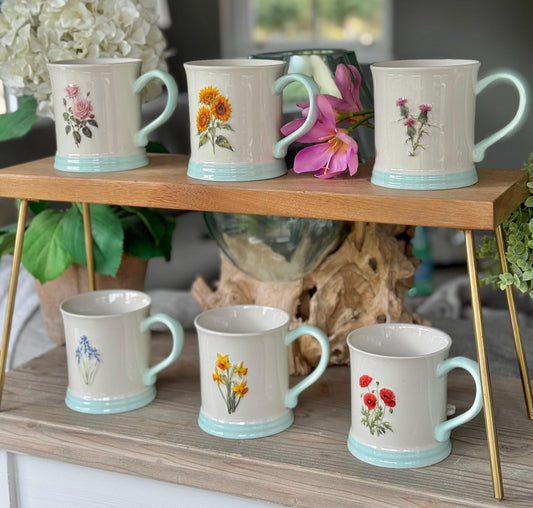 NEW Stoneware Embossed Mug - Rose, Sunflower, Thistle, Bluebells, Daffodil and Poppy