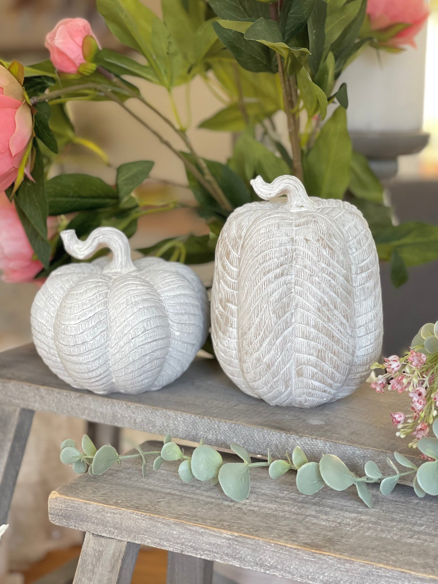 Rustic White Carved Pumpkins