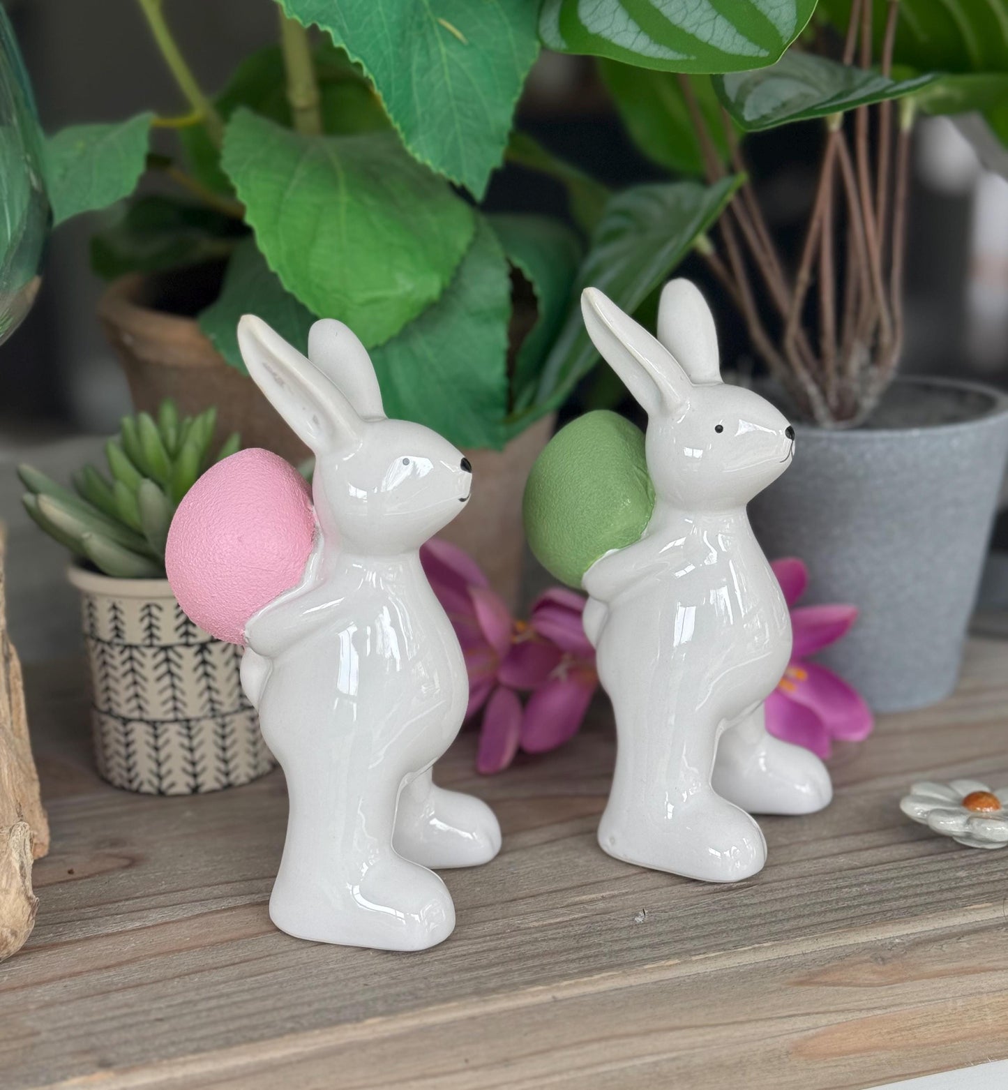 Ceramic White Glazed Bunny - Hand-painted Eggs available in 2 colours