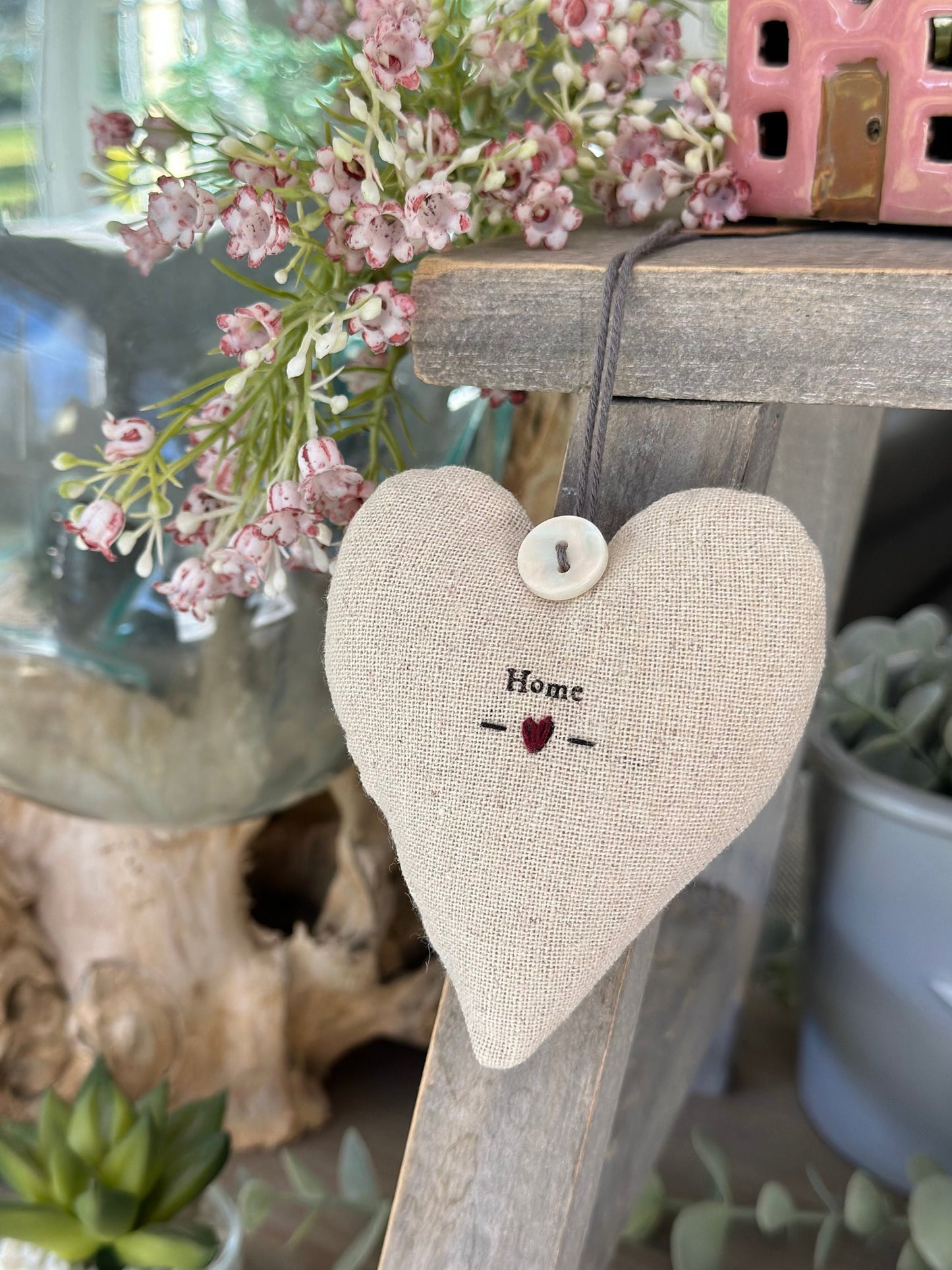 Natural Linen Hanging Heart - Home