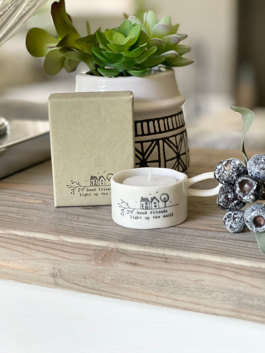 Handled "Good Friends" Porcelain Tea Light Holder