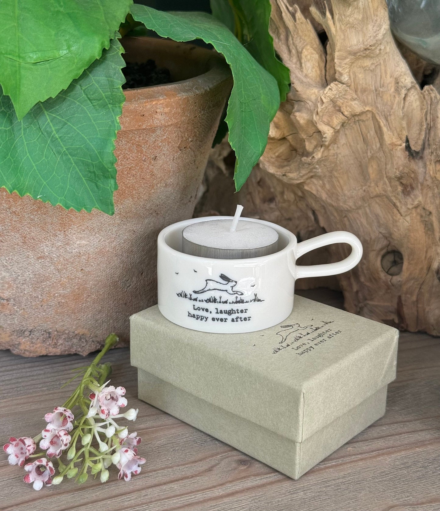 Handled "Love, Laughter, Happy Ever After" Porcelain Tea light Holder