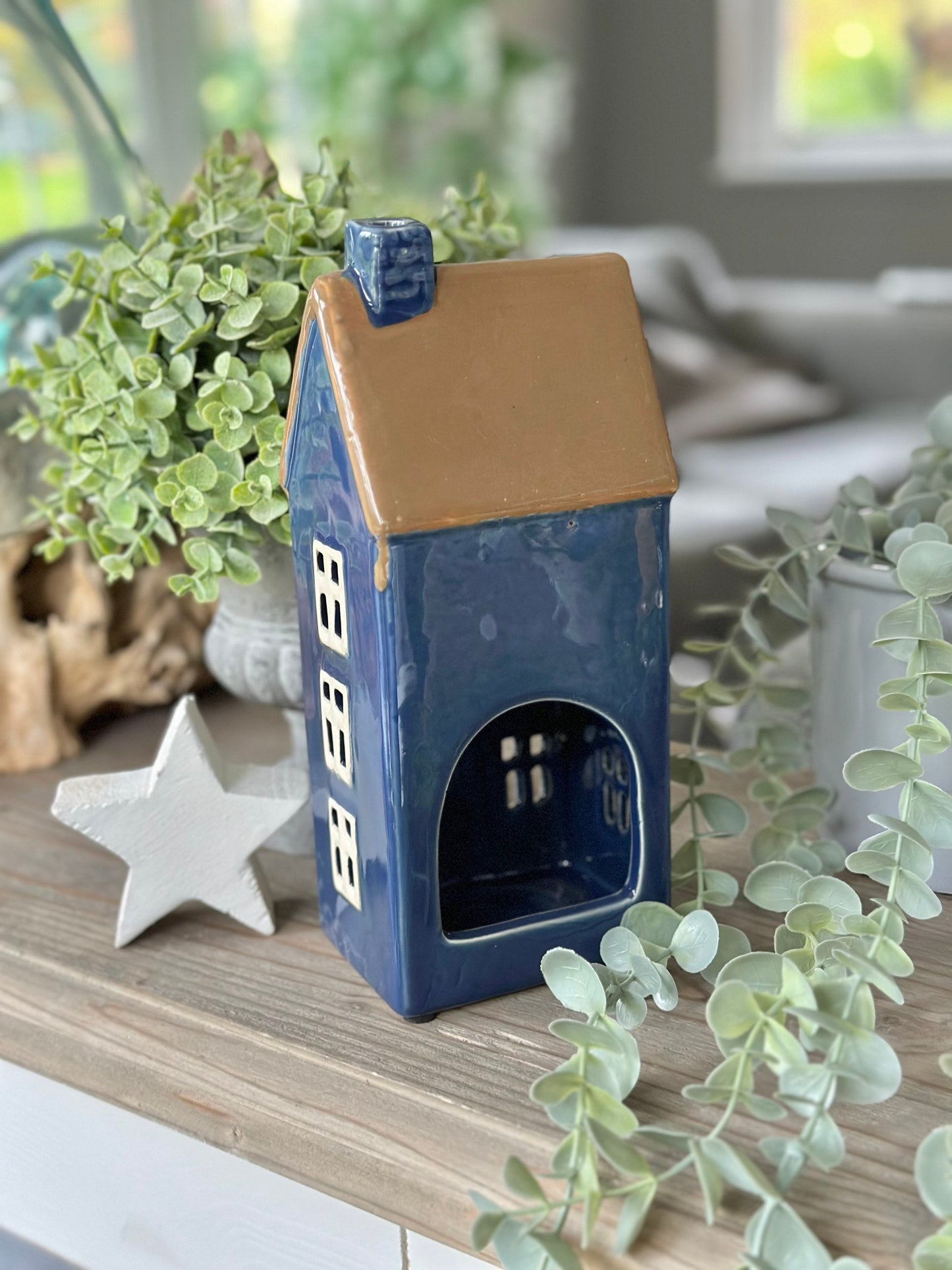 Blue Ceramic House /Cottage Candle Holder