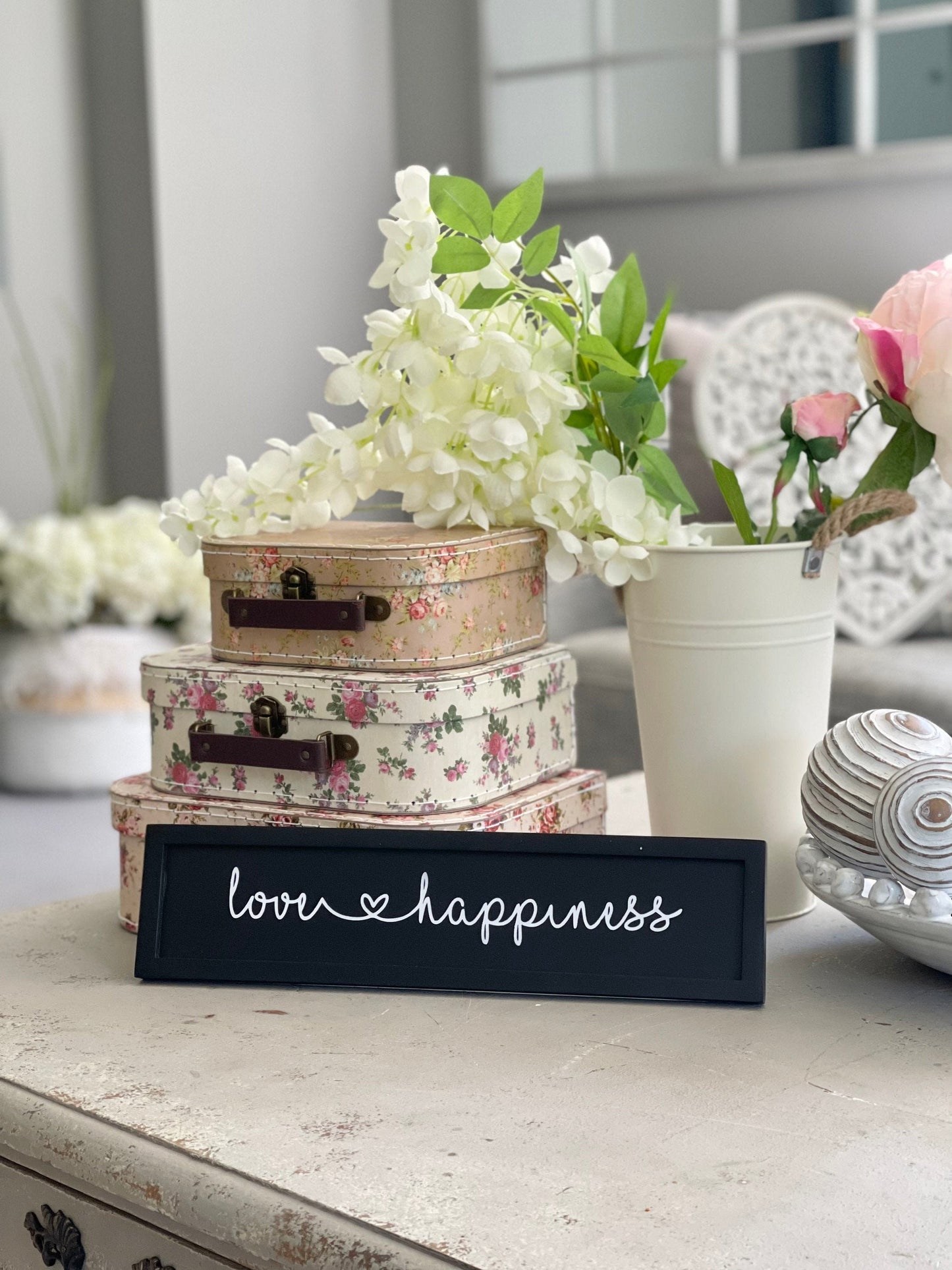 Love & Happiness.  Wooden Black and White Sign