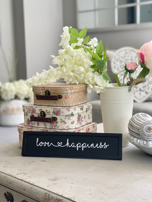Love & Happiness.  Wooden Black and White Sign