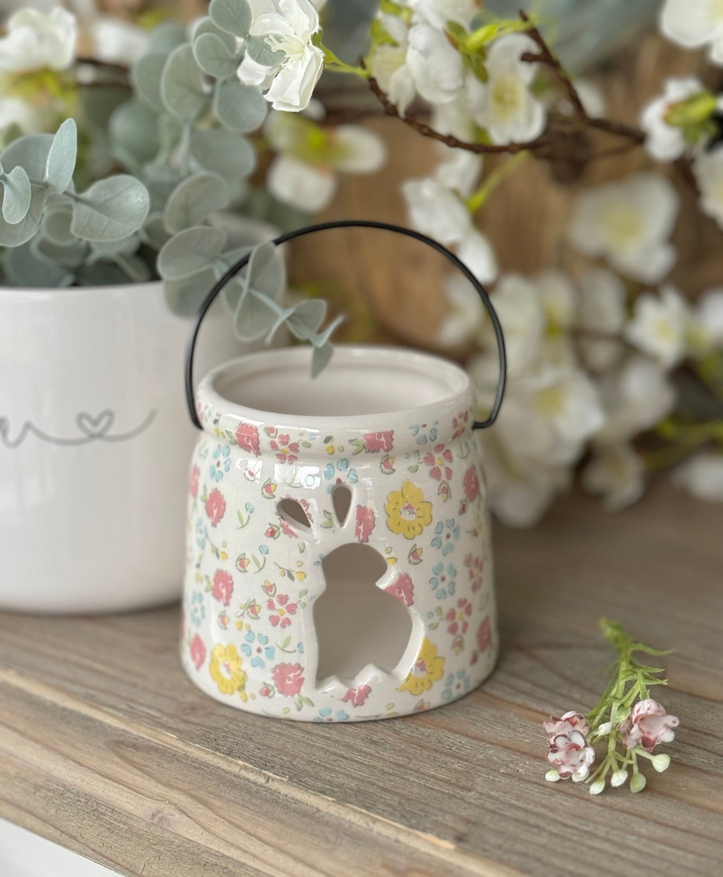 Floral Ceramic Tealight Holder with Bunny Cut Out