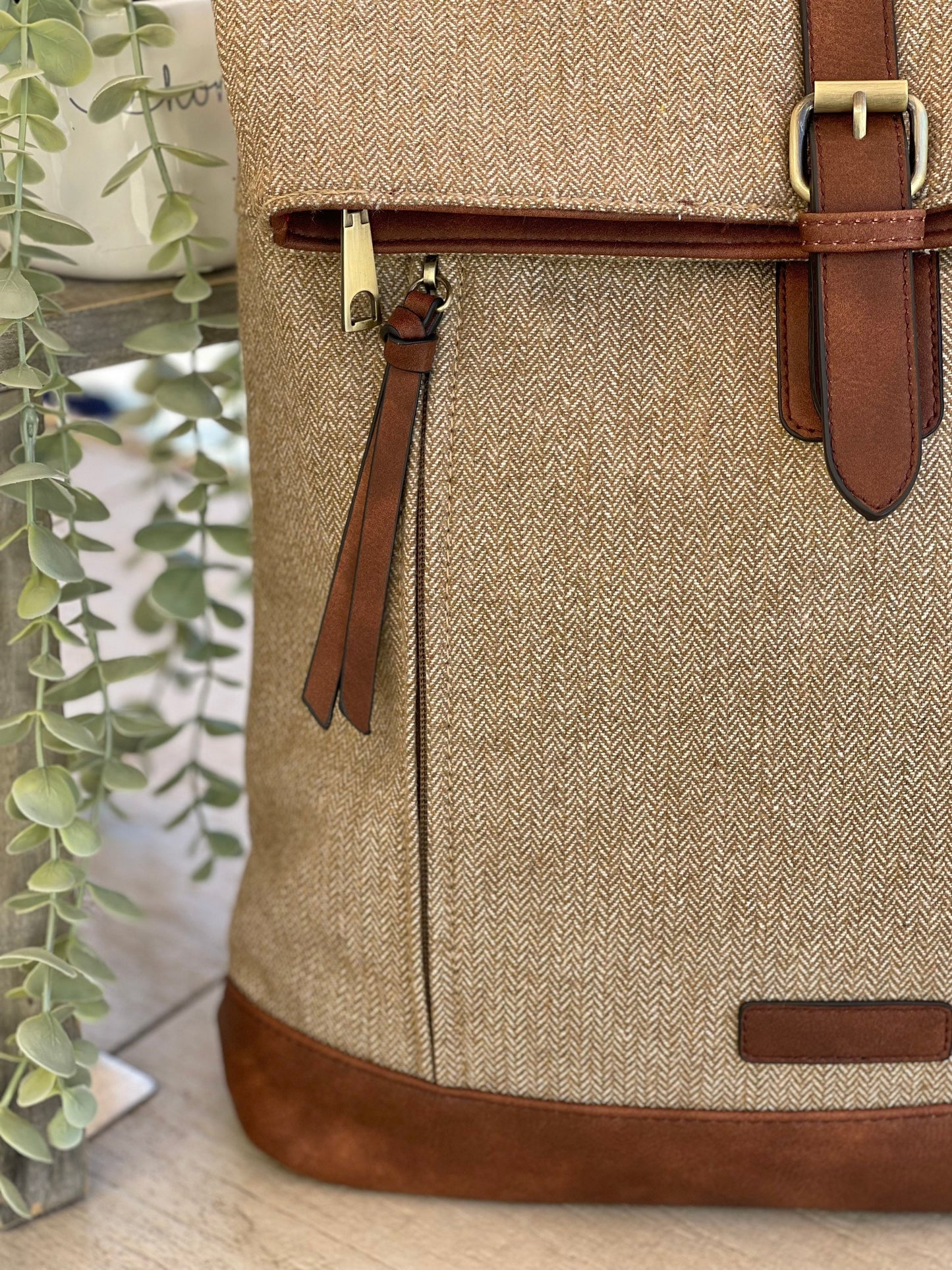 Camel/Taupe Herringbone Rucksack/Backpack