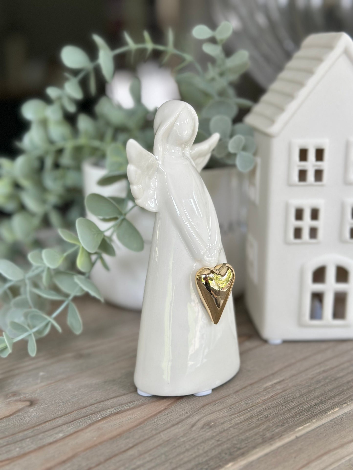 Glossy White ceramic glazed Angel with Gold Heart - 2 Sizes Available