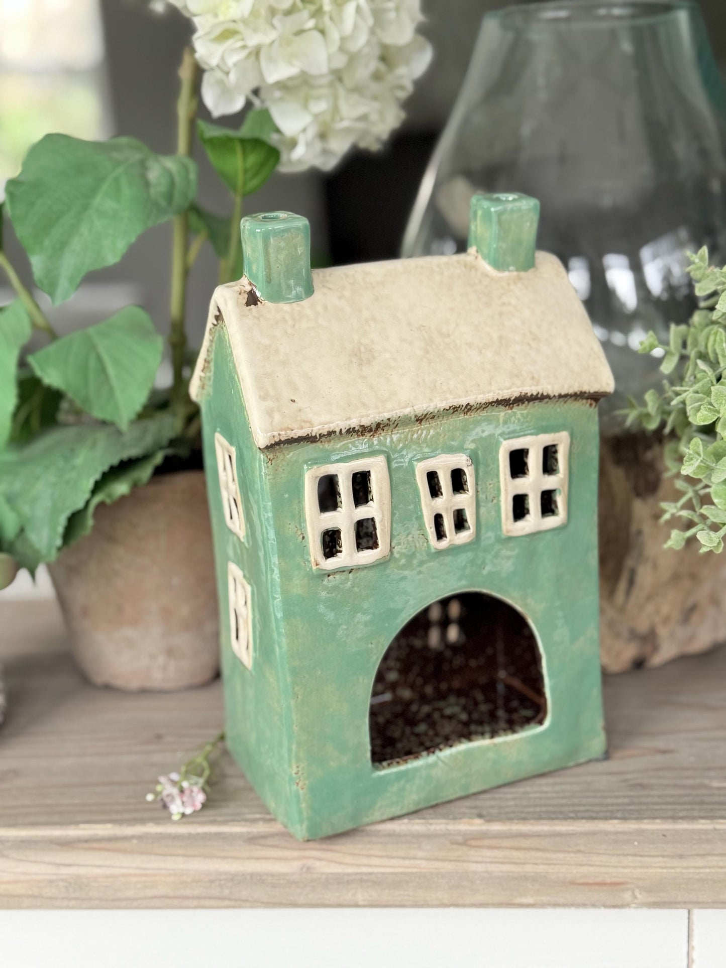 Teal Ceramic House /Cottage Candle Holder