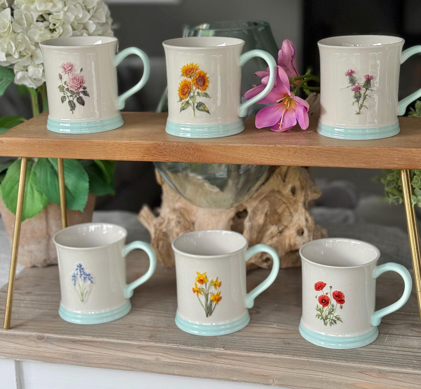 NEW Stoneware Embossed Mug - Rose, Sunflower, Thistle, Bluebells, Daffodil and Poppy