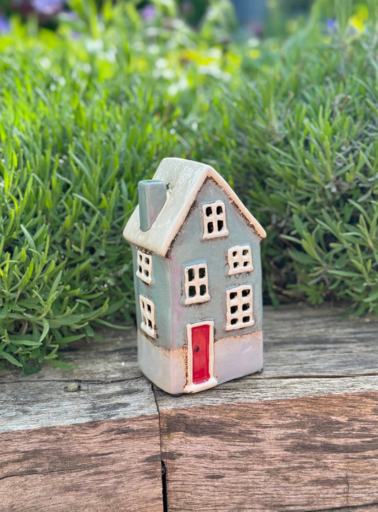 Duck Egg Traditional Village House /Cottage Candle Holder