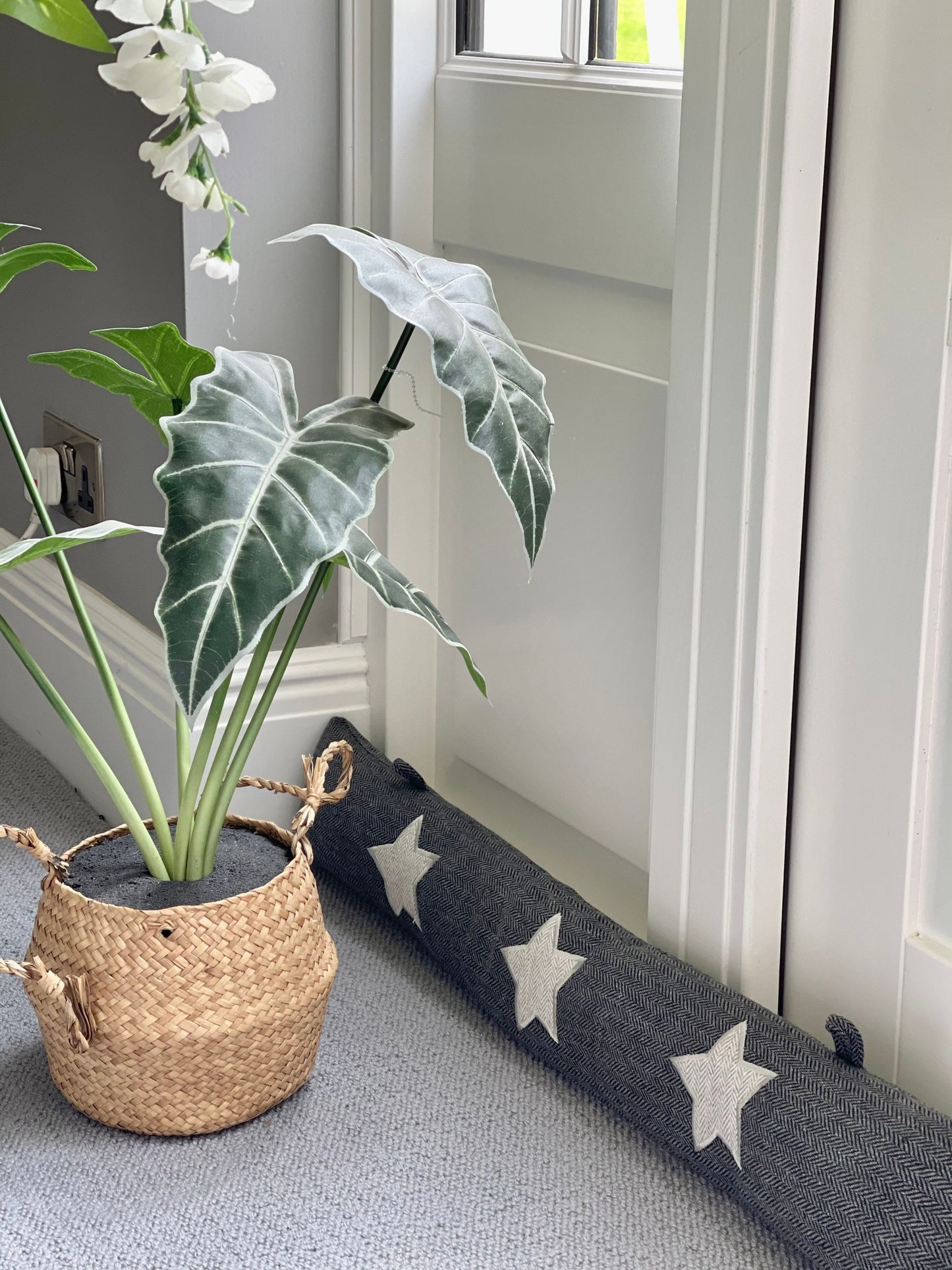 Grey Herringbone Draught Excluder - White Stars