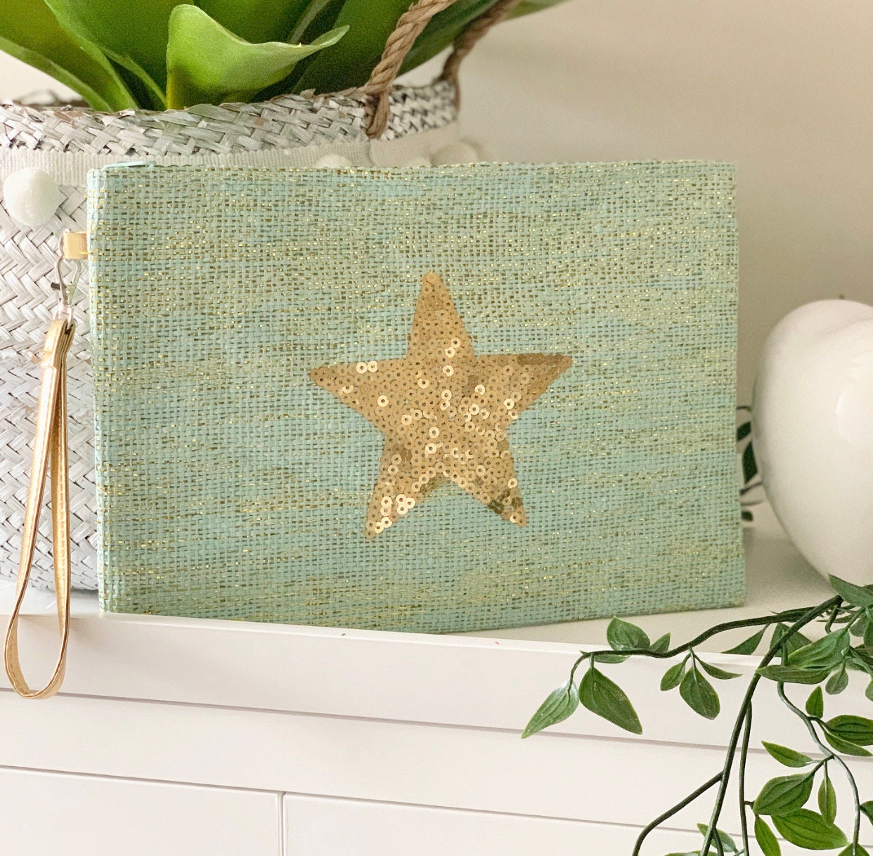 Teal/Gold Star Shopping Bag