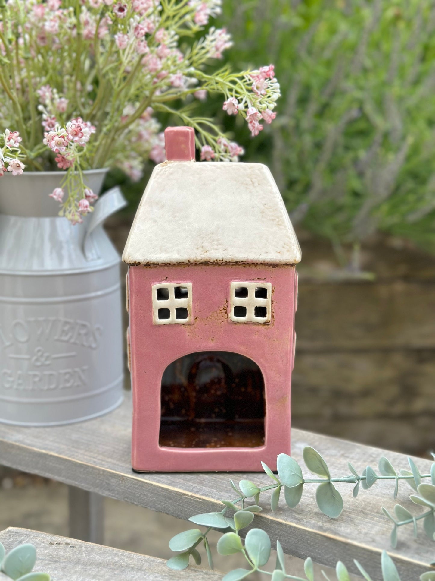 Pink Traditional Village House Candle Holder