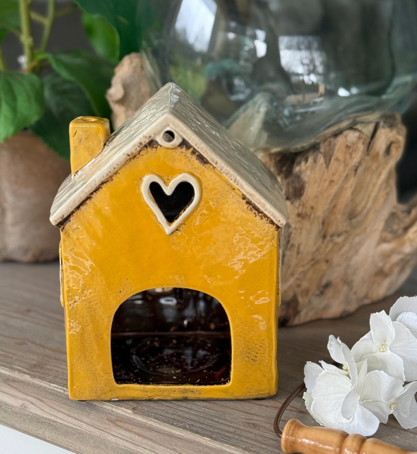 Yellow Ceramic House/Cottage Candle Holder with Handle