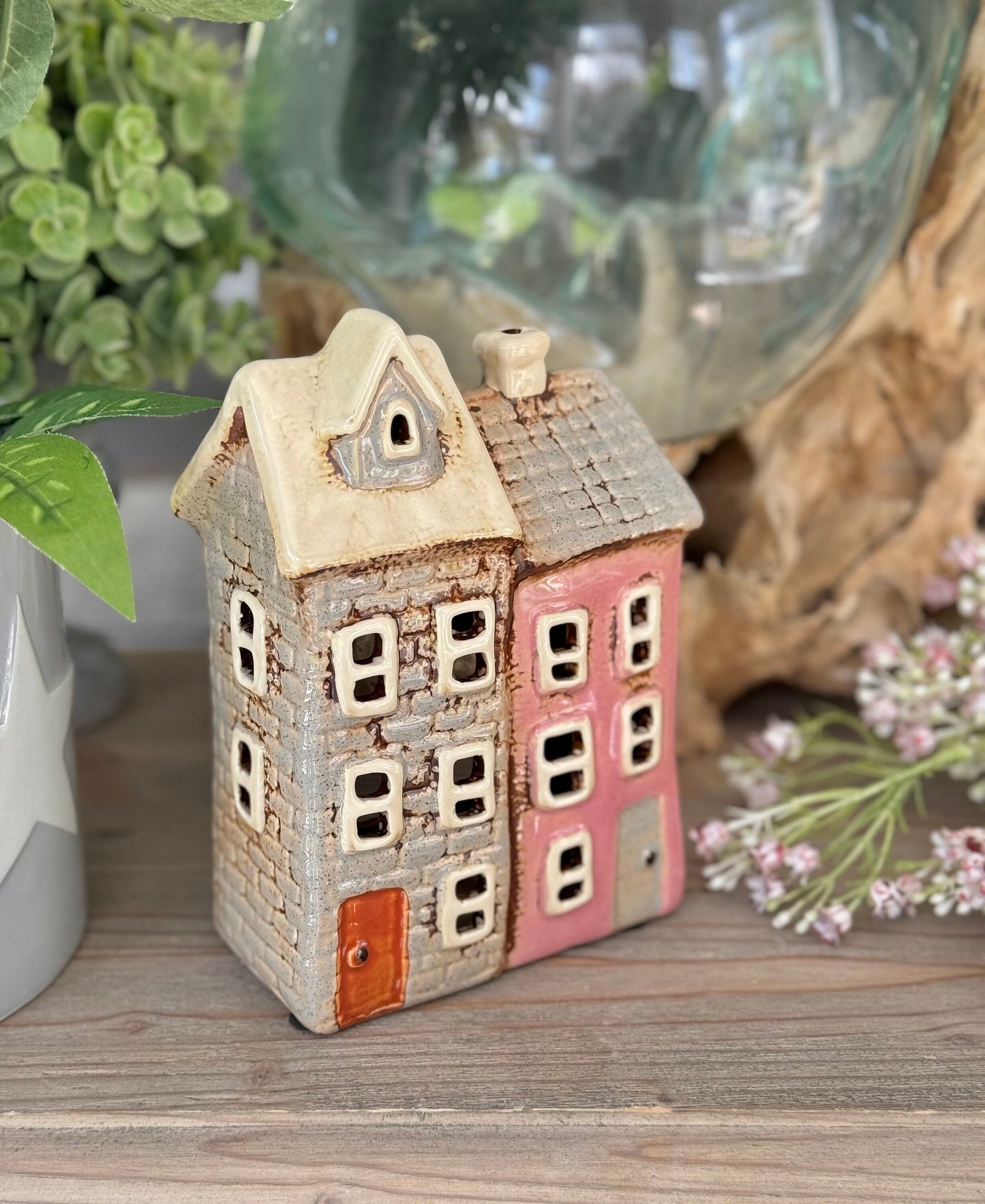 NEW! Pink and Grey Ceramic Double Townhouse Tealight Holder