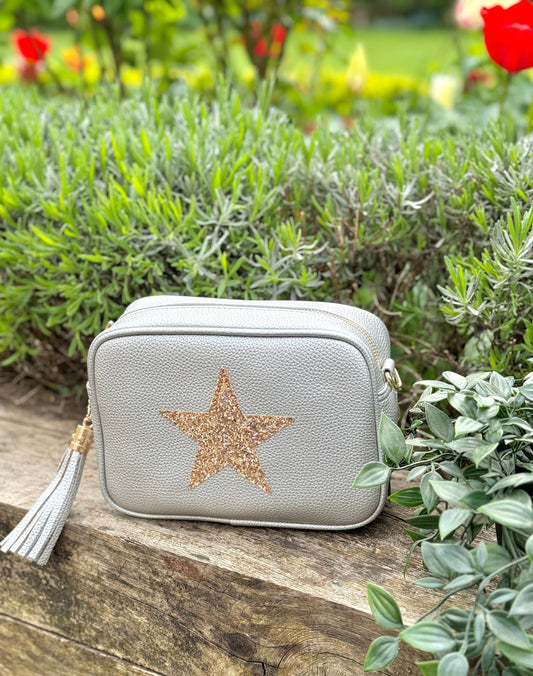 Pale Grey Cross Body Handbag with Gold Star