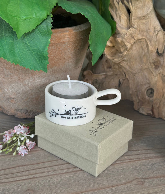 Handled "Mum in a Million" Porcelain Tea light Holder