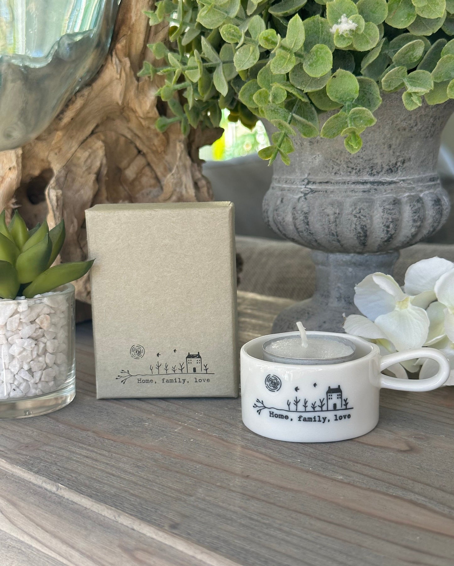 Handled "Home, Family, Love” Tea Light Holder
