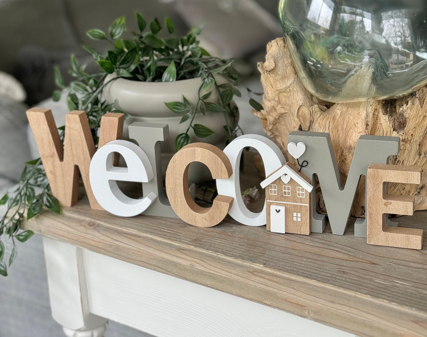 Wooden Welcome Sign with House Decor